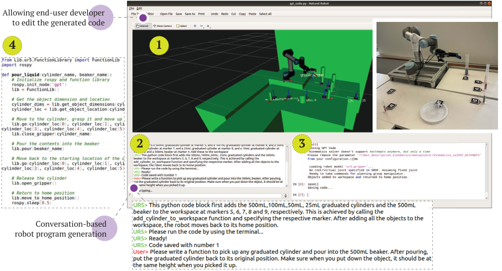 Alchemist interface showing 3D robot visualization, chat, terminal, and code editor.