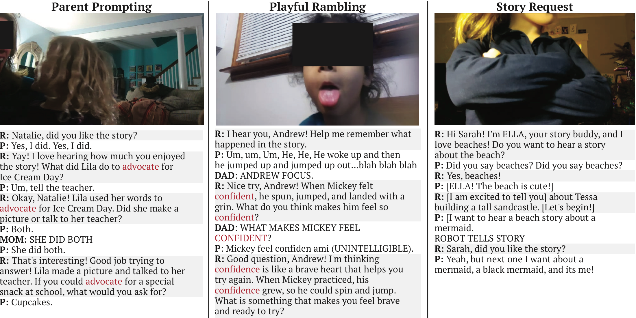 Examples of parent prompting, playful rambling, and direct story requests during interaction with ELLA.