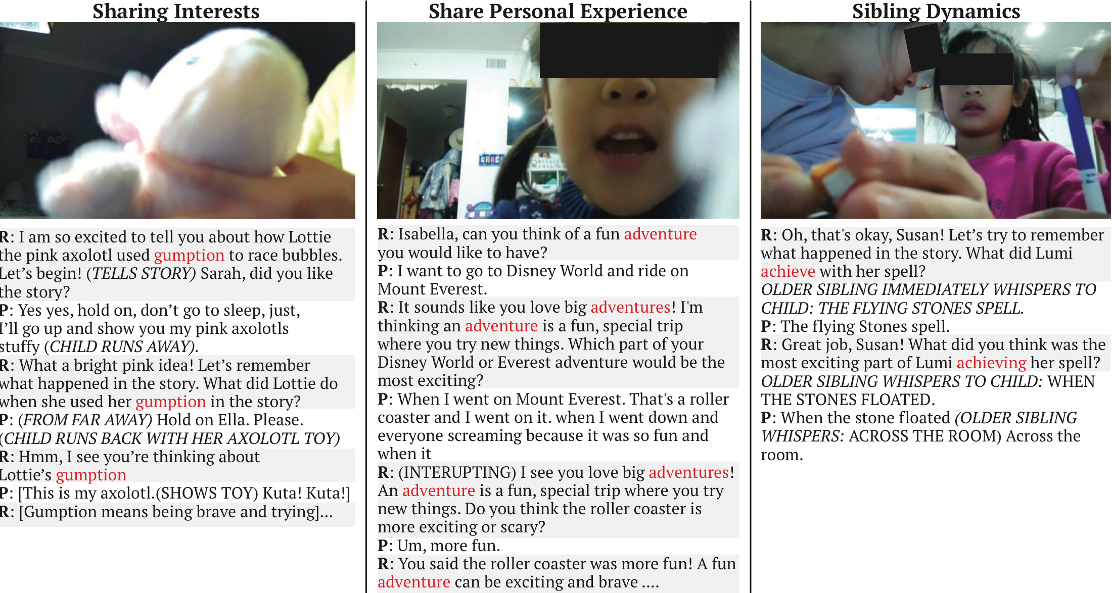 Examples of sharing interests, sharing personal experience, and sibling dynamics during interactions with ELLA.