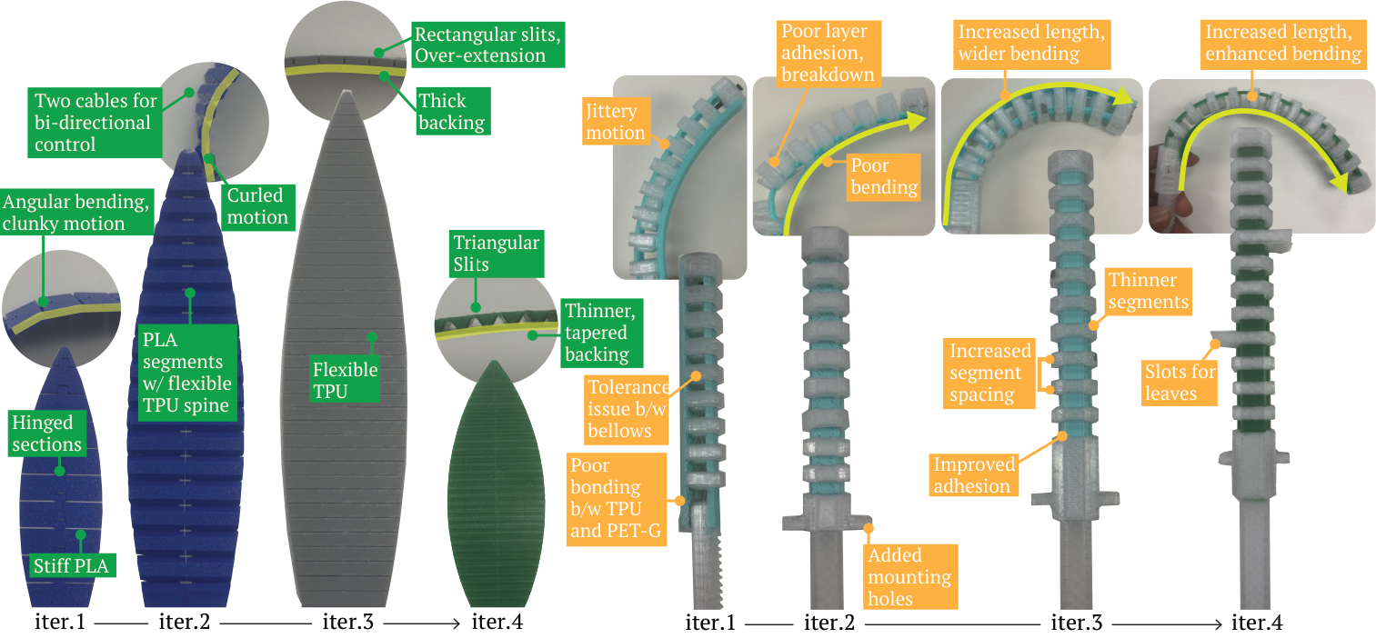 Design iterations of plant-inspired leaf and stem mechanisms.